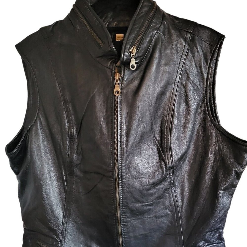 VTG Giverny Leather Zip Front Vest Black Size XL